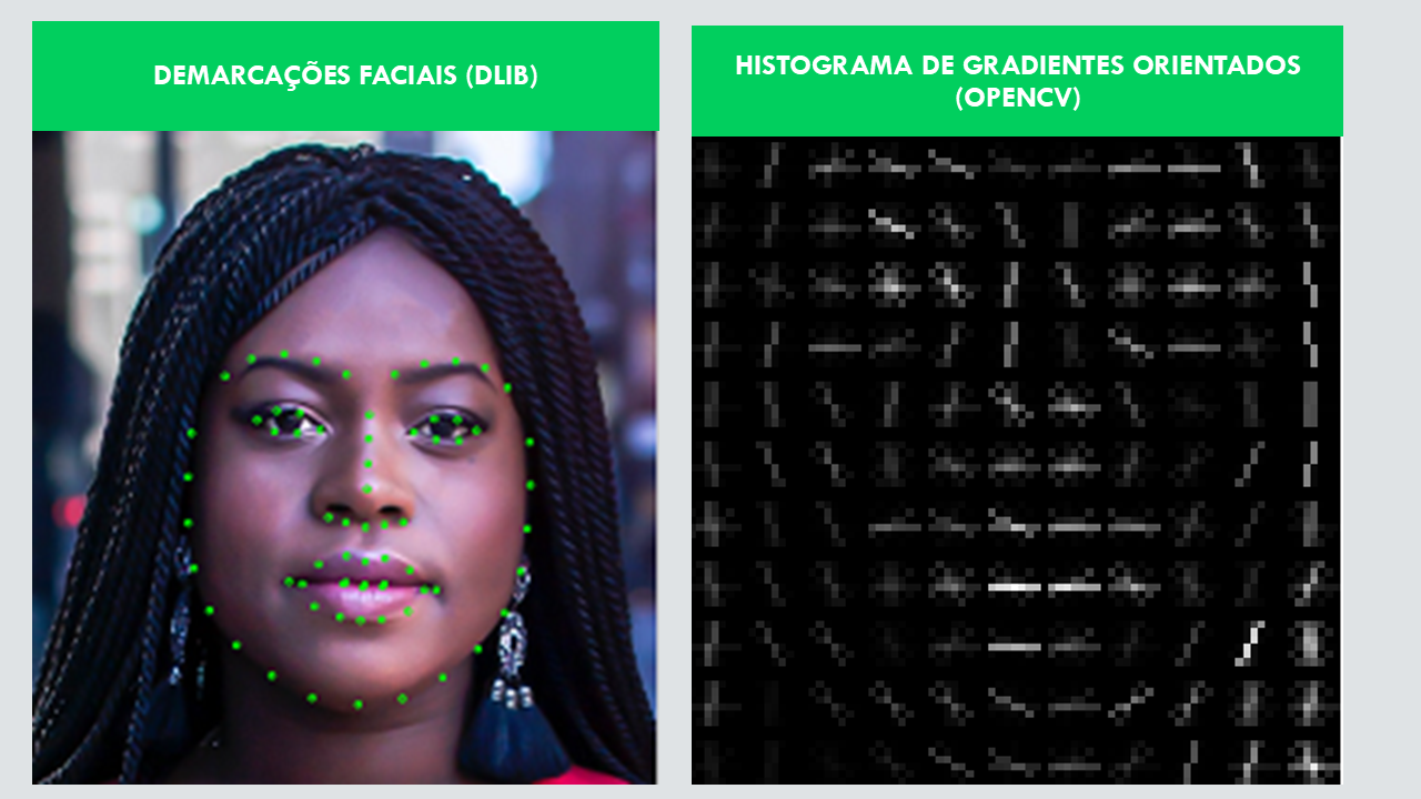 Pontos Geométricos da Face (Dlib - Splines Cúbicas) e Histograma de Gradientes Orientados (OpenCV).